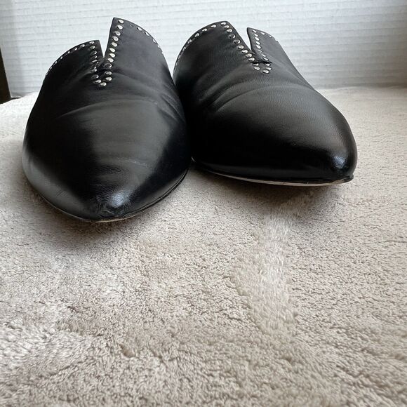 Paige Alia Black Leather Mule Slide Flats Women 7 Silver Stud Pointed Toe Casual - Picture 10 of 15